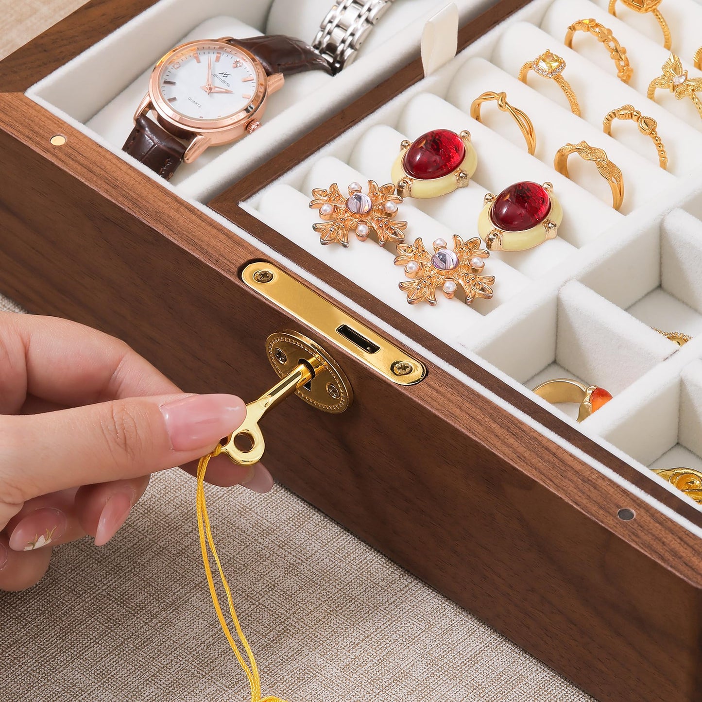 Black Walnut Wooden Jewelry Box with Lock, 2 Layer Natural Solid Wood Jewelry Organizer with Removable Tray, Velvet Lined Storage for Necklace Ring Earrings Watch Bracelet, Gifts for Mom Women Girl
