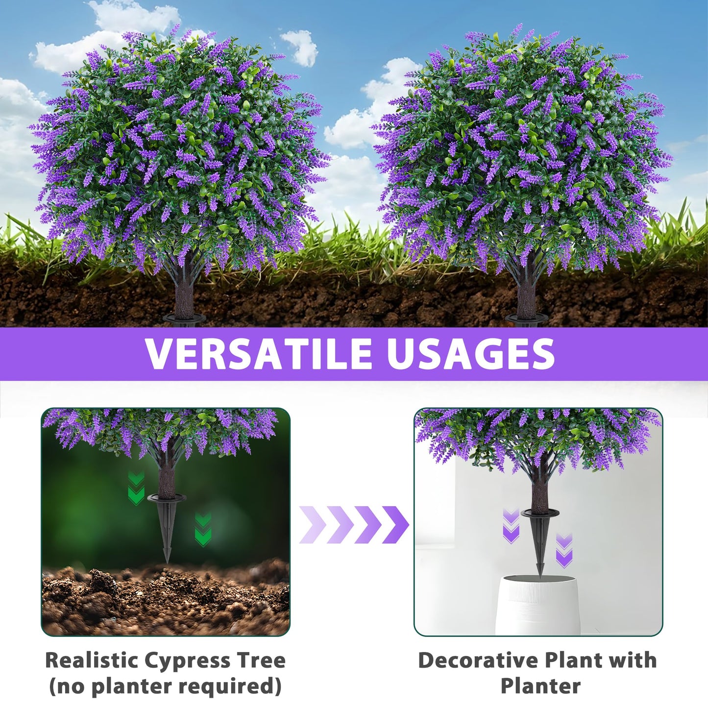 Grooy Artificial Boxwood Topiary Ball with Lavender, Set of 2 Artificial Shrub Bushes with Ground Spike, UV Resistant Fake Evergreen Plant Tree for Porch Outdoor Planters Indoor