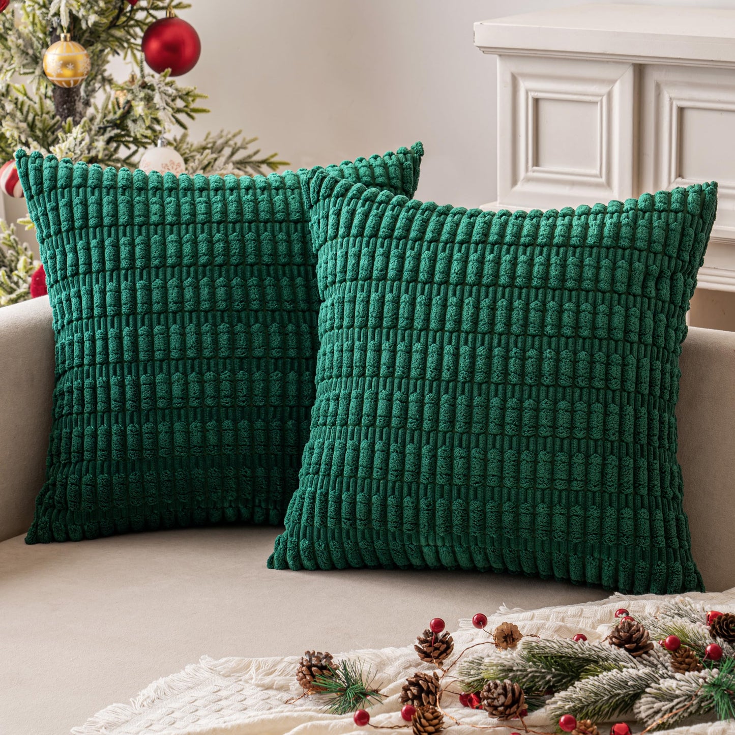 MIULEE Pack of 2 Dark Green Corduroy Decorative Pillow Covers 20x20 Inch Soft Boho Striped Throw Pillow Covers Modern Farmhouse Home Decor for Sofa Living Room Couch Bed