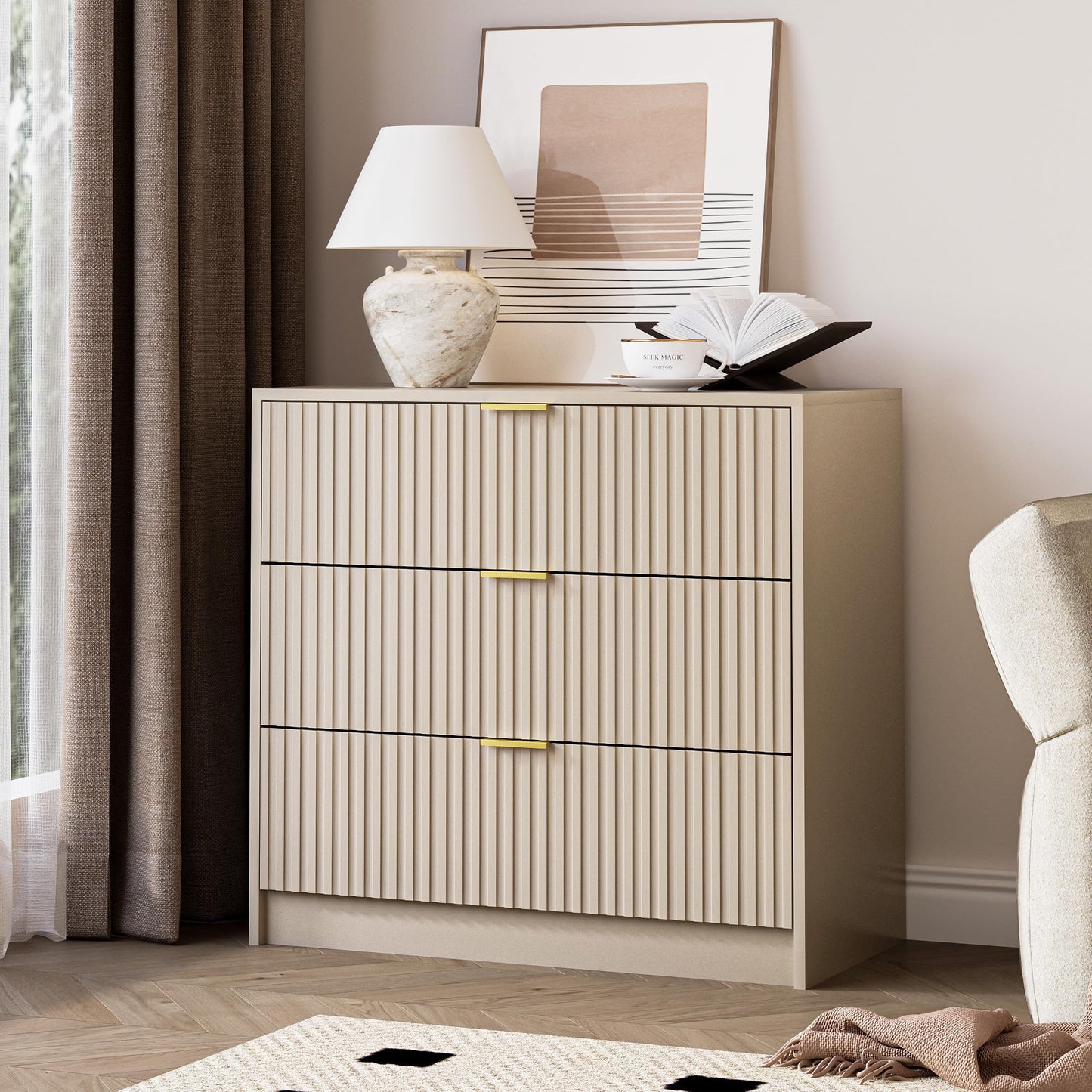 MAISONARIA 3-Piece Dresser Bedroom Set, 9 Drawer Dresser & 3 Drawer Nightstands with Gold Handles, Fluted Wood Chest of Drawers for Bedroom, Living Room, Entryway, Beige
