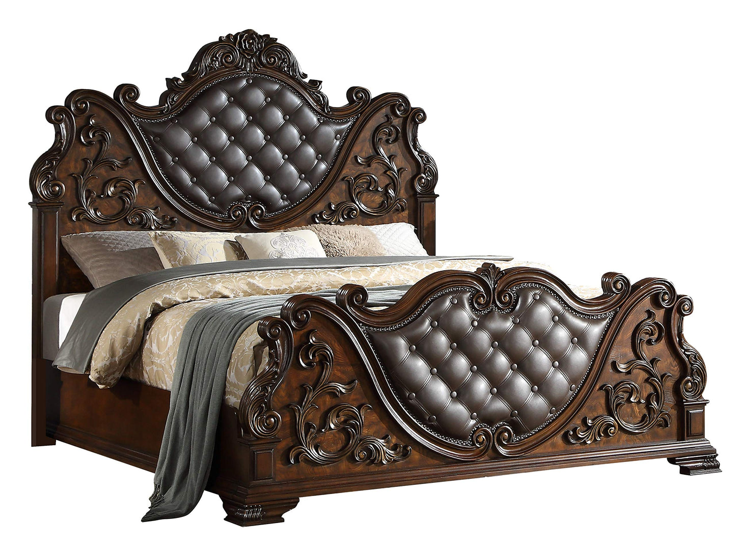 First of a Kind Santa Monica Traditional 5 Piece King Bedroom Set with Upholstered Tufted Headboard Elegant Classic Design Coordinated Furniture Collection, Cherry