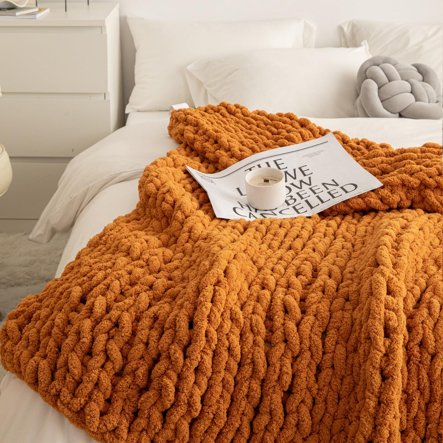 ATMOSURELY Ultra Soft Burnt Orange Chunky Knit Throw Blanket Cozy Fluffy Chenille Yarn Handmade Cable Knit Crochet Blanket for Bed Sofa Couch 50x60 Inches (Burnt Orange, 50"x60")