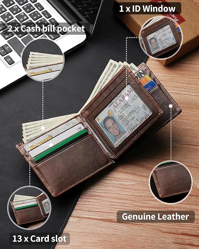 Mens Wallet With AirTag Holder, Bifold Leather RFID Blocking 1-2 ID Windows 12-13 Card Holders, Gift Box and Screen Protector Included, AirTag Not Included