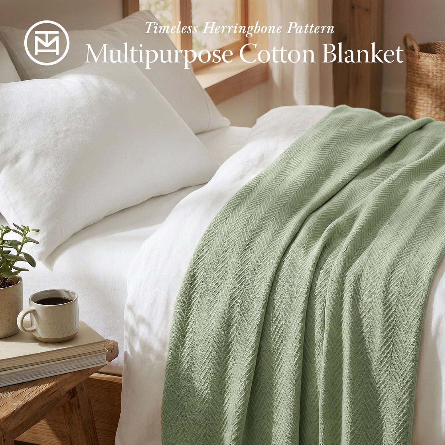 Threadmill Luxury Cotton Blankets Queen Size | All-Season 100% Cotton Blanket for Queen/Full Size Bed | Herringbone Soft Breathable | Sage Green