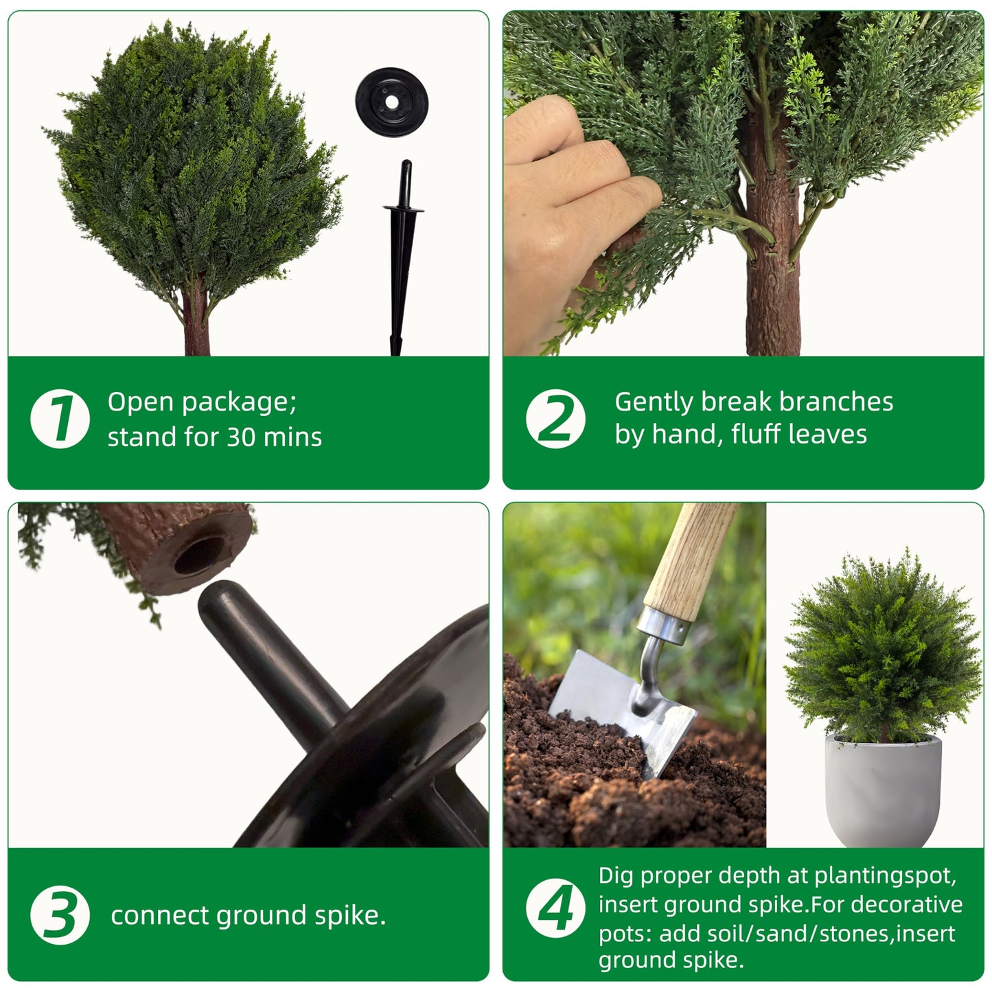 NSOPB 24.5 Inch (H) Artificial Cedar Topiary Ball Trees, Set of 4 Fake Shrub Bushes with Ground Spike, UV Resistant Faux Cypress Greenery Decor for Outdoor Garden, Patio, Front Porch, and Indoor Use