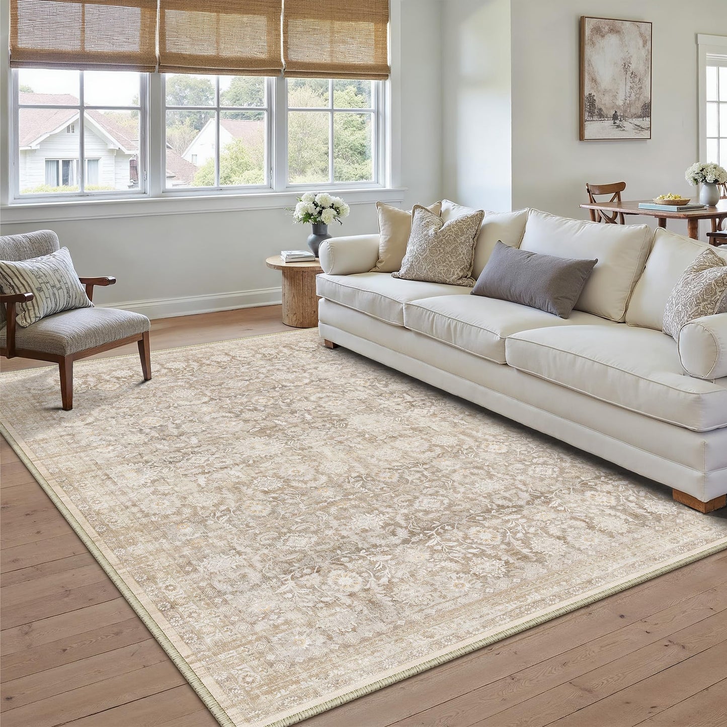 WondRg 5x7 Beige Washable Neutral Area Rug for Living Room Floral Non Slip Low Pile Throw Rug Vintage Traditional Stain Resistant Carpet Bedroom Kitchen Playroom Office Dining Room