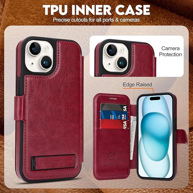 CIVICASE for iPhone 15 Wallet Case with Stand,PU Leather Flip Credit Card Holder Slots (RFID Blocking),Compatible with Magsafe Magnetic Holder Phone Cover Women Men, Wine Red