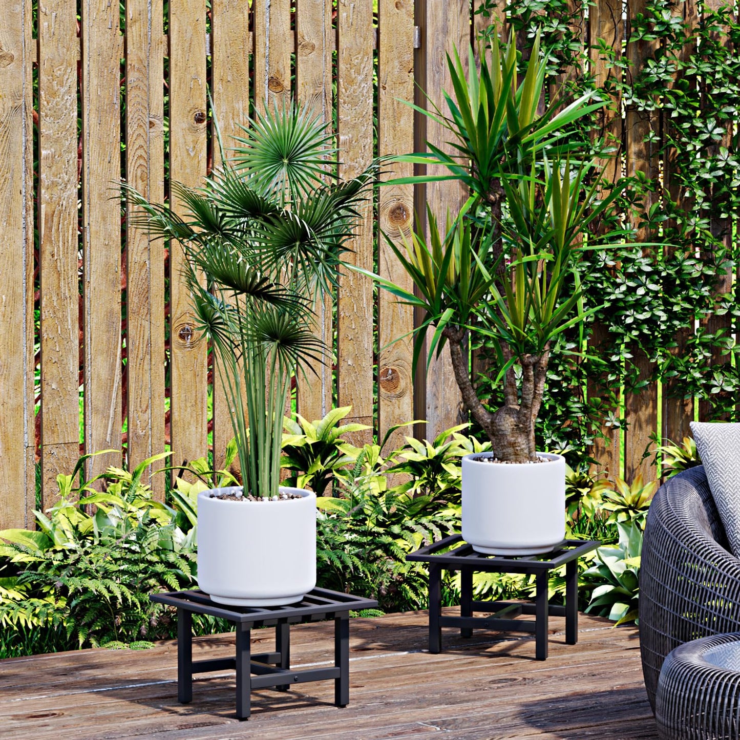 ZETONIQ Heavy Duty Metal Plant Stand Outdoor, 330 lbs Iron Square Plant Stand Indoor, Rustproof Low Pedestal for Large Flower Pots, Patio, Balcony, Garden Decor 2 Pack Black
