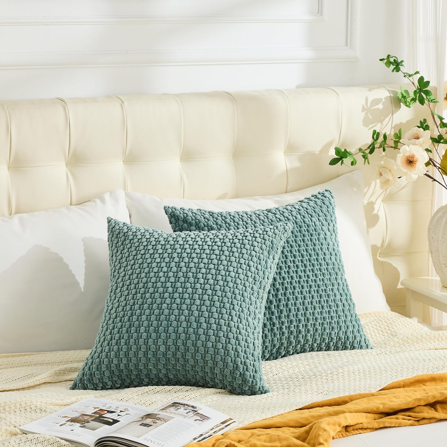 GAWAMAY Decorative Throw Pillow Covers 18x18 Inch Set of 2 for Living Room Couch Bed Sofa, Farmhouse Square Cushion Cover Soft Striped Corduroy Pillow Cases Boho Accent Home Decor (45x45cm) Blue Green