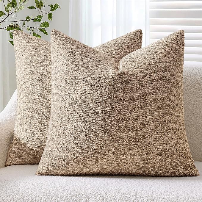 ANRODUO Pack of 2 Textured Boucle Throw Pillow Covers Soft Camel Euro Decorative Accent Solid Pillow Cases Cozy Modern Couch Cushion Case for Chair Sofa Bedroom Living Room Home Decor, 24 x 24 Inch