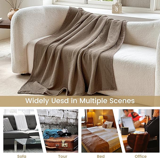 FALUCA Cotton Muslin Reversible Blanket 50x60 Inches for Bed, Couch, Four Layers Blanket, Soft Lightweight Cozy Breathable Farmhouse Decoration for All-Season, Brown