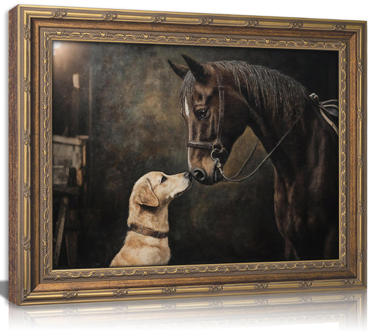 Gold Framed Vintage Horse And Dog Canvas Wall Art Rustic Farmhouse Retro Animal Landscape Painting Picture Wall Decor Horse And Dog Poster Print Artwork for Living Room Bedroom Study Home Decoration