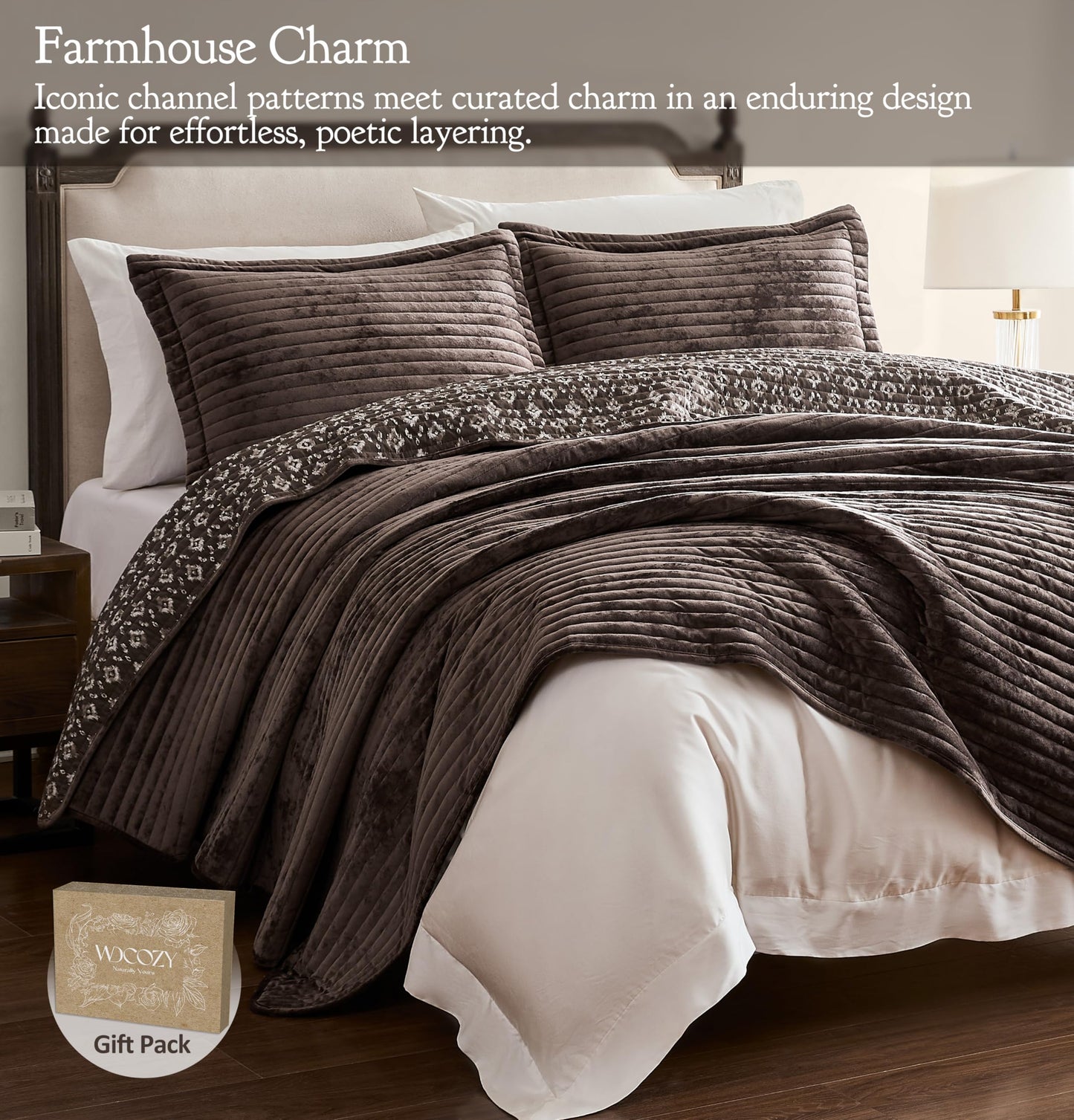 WDCOZY Brown Velvet Queen Size Quilt Set - Striped Soft Lightweight Bedspread, Neutral Channel Farmhouse Country Rustic Coverlet, Modern Bedding Warm Thin Comforter