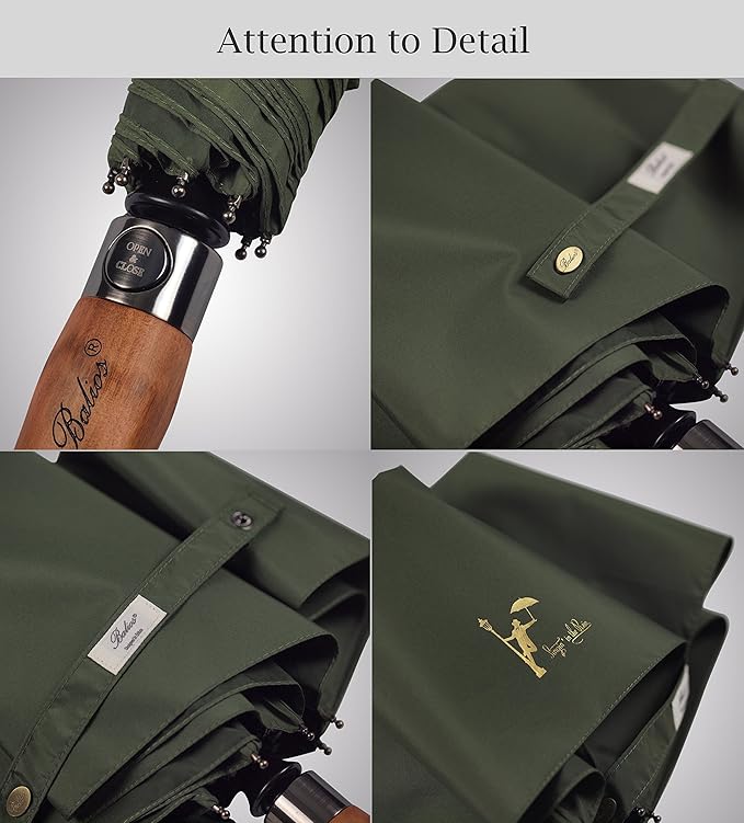 Balios Prestige Travel Folding Umbrella, Handmade Wood Handle, Auto Open & Close