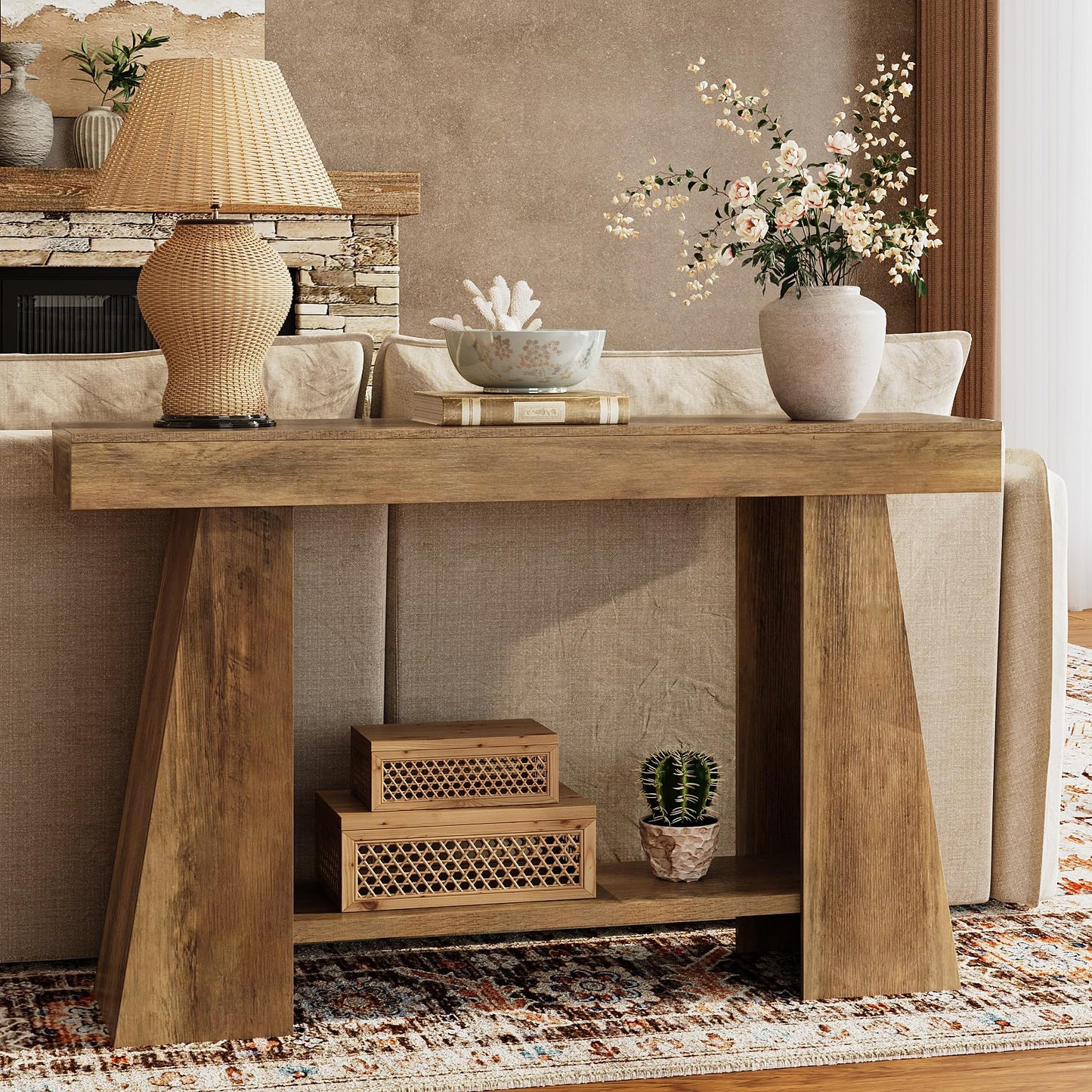 Tohomeor 47.24" Farmhouse Entryway Console Table, Narrow Sofa Table Behind Couch, Wooden Rectangular Entry Table with Storage Shelves for Entrance, Hallway, Living Room, Foyer