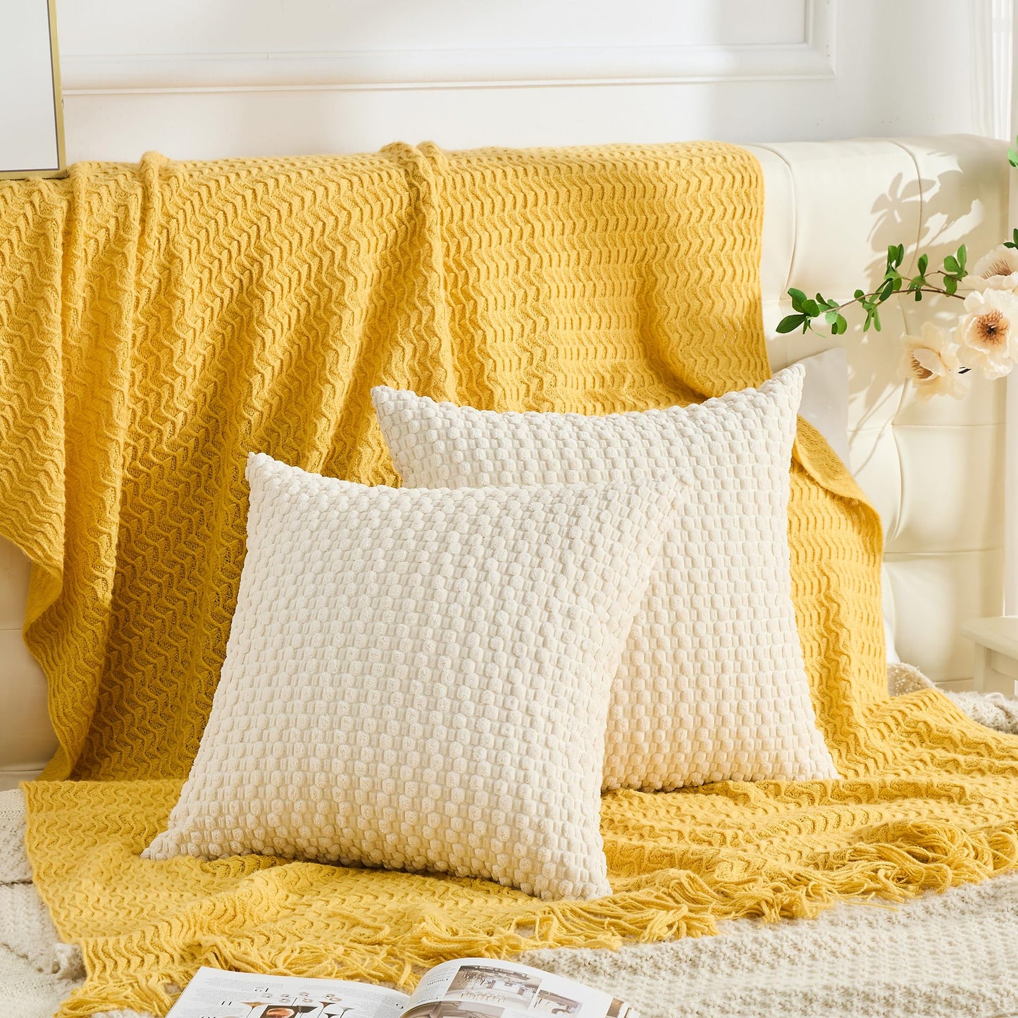 GAWAMAY Decorative Throw Pillow Covers 24x24 Inch Set of 2 for Living Room Couch Bed Sofa, Farmhouse Square Cushion Cover Soft Striped Corduroy Pillow Cases Boho Home Decor (60x60cm) Cream White