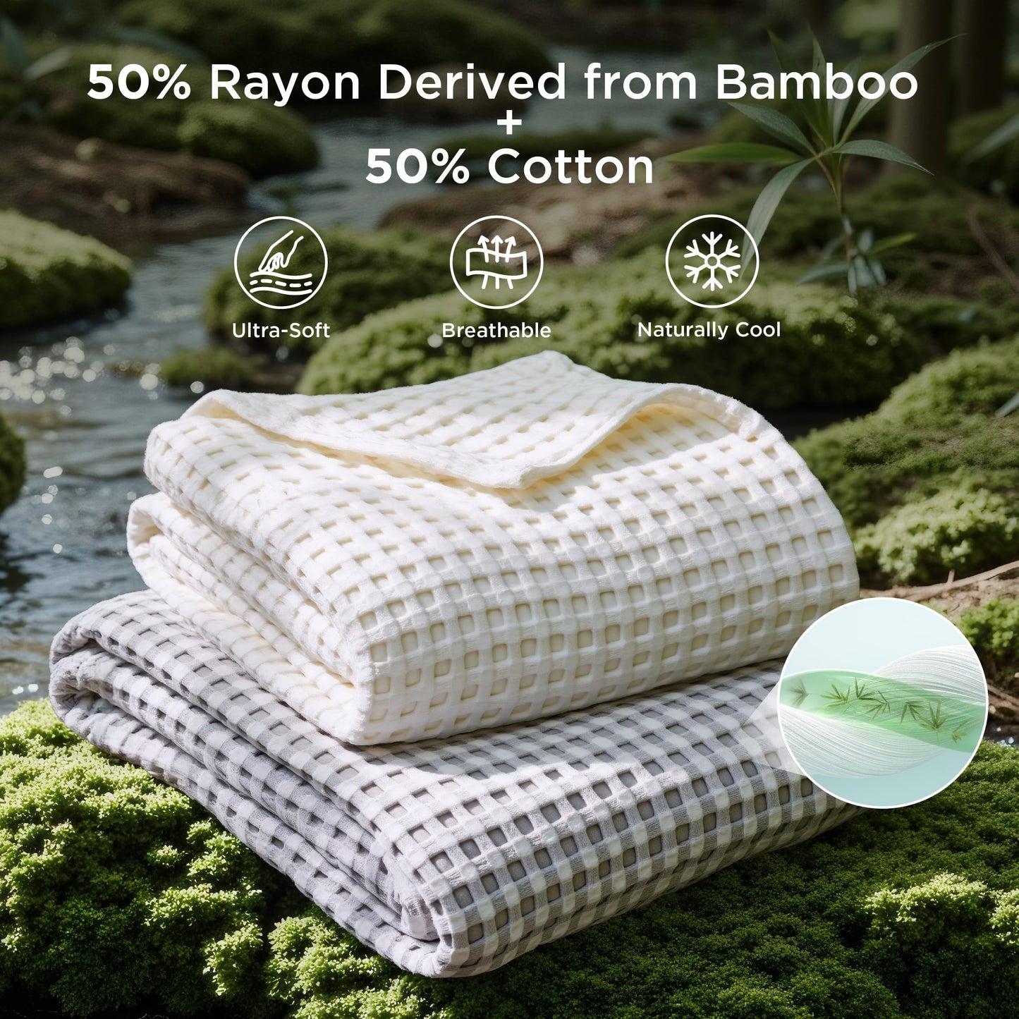 Bedsure Cooling Waffle Queen Size Blanket - Lightweight Cotton Summer Blanket of Rayon Derived from Bamboo for Hot Sleepers, Luxury Throws for Bed, Couch and Sofa, Ivory, 90x90 Inches