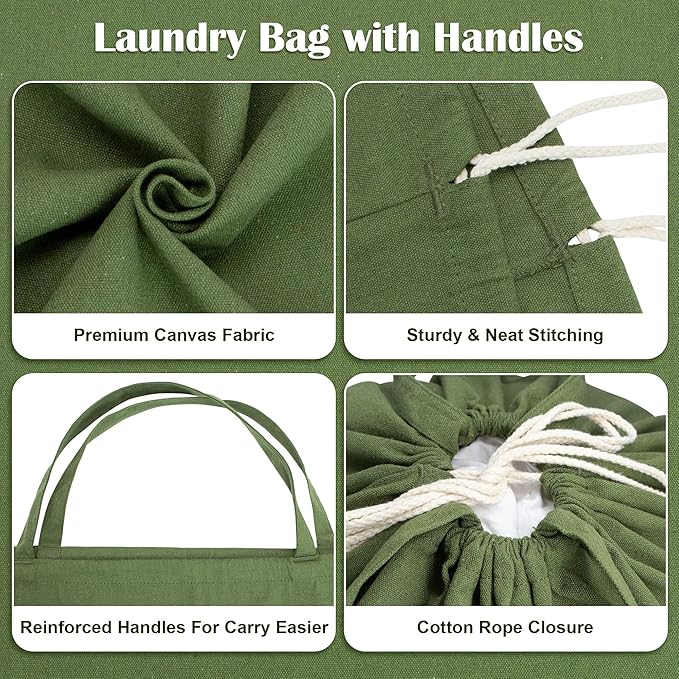 Canvas Laundry Bag 33"x 35", Thick Cotton Laundry Bag with Handles & Drawstring, Extra Large Heavy Duty Washable Basket Liner Hamper Liner Canvas Storage Sack (XL ArmyGreen)