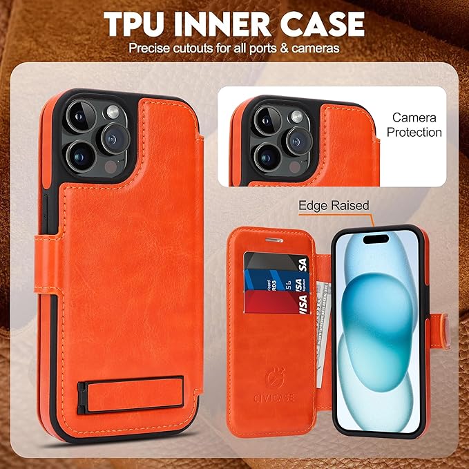 CIVICASE for iPhone 13 Pro Wallet Case with Stand,PU Leather Flip Credit Card Holder Slots (RFID Blocking),Compatible with Magsafe Magnetic Holder Phone Cover Women Men,Orange