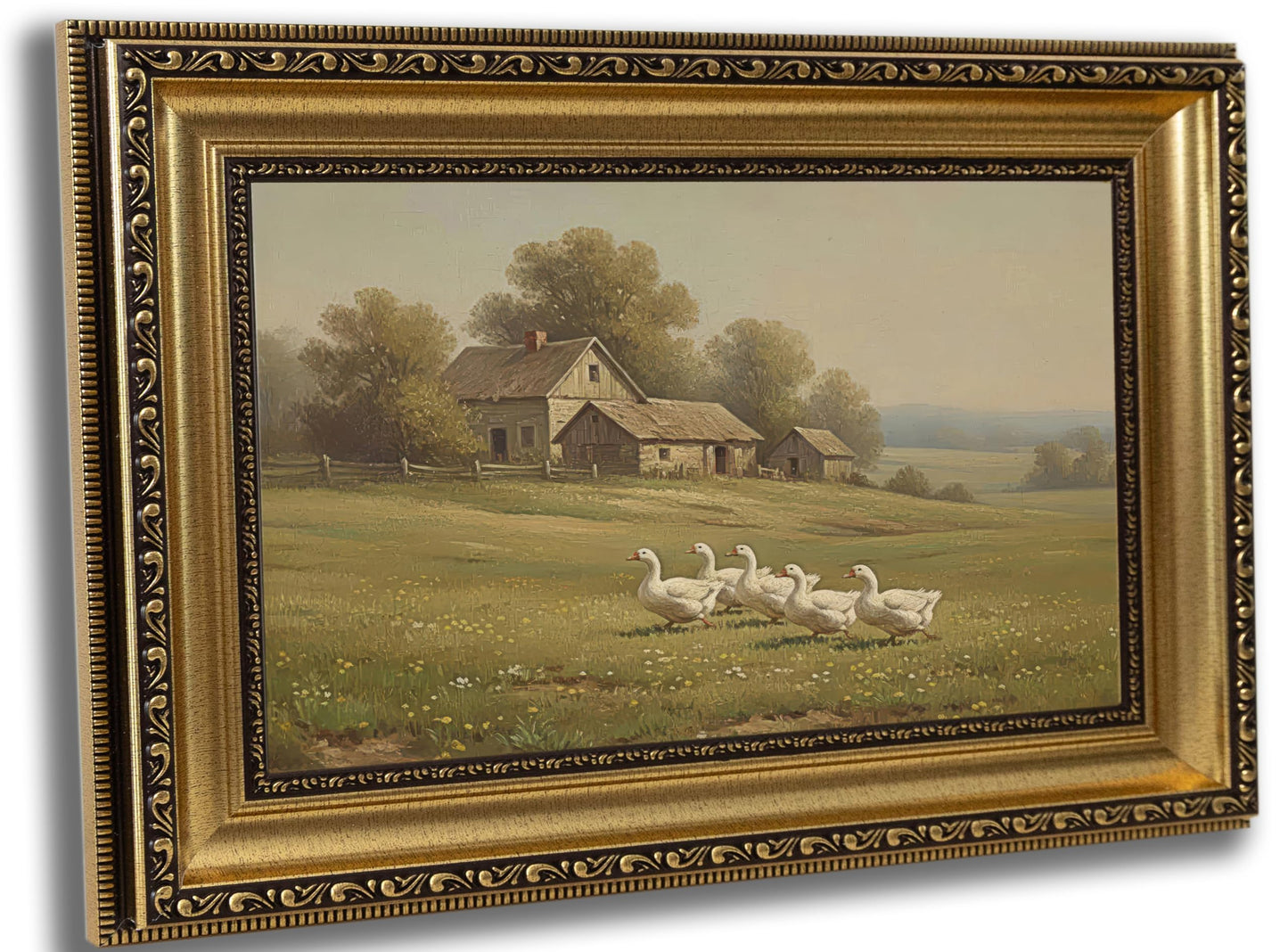 Gold Framed Vintage Landscape Canvas Wall Art farmhouse goose pictures