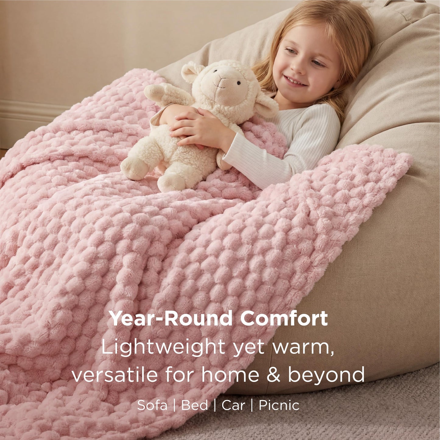 Bedsure Large Throw Blanket for Couch - 350GSM Fluffy Plush Bubble Blanket for Bed Home Room Decor, GentleSoft Cute Fleece Soft Cozy Gifts for Women Girls, Pink, 50x70 Inches