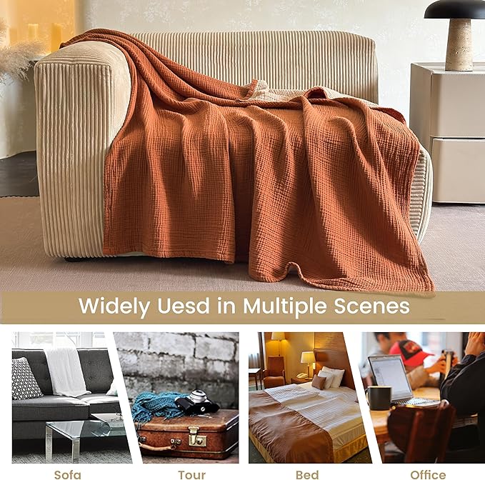 FALUCA Cotton Muslin Reversible Blanket Twin Size for Bed, Couch, Four Layers Blanket, Soft Lightweight Cozy Breathable Farmhouse Decoration for All-Season, Camel