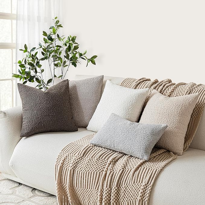 Foindtower Decorative Textured Boucle Throw Pillow Covers Accent Solid Pillow Cases Neutral Soft Cozy Couch Cushion Case for Chair Sofa Bedroom Living Room Home Decor 26 x 26 Inch,Light Grey