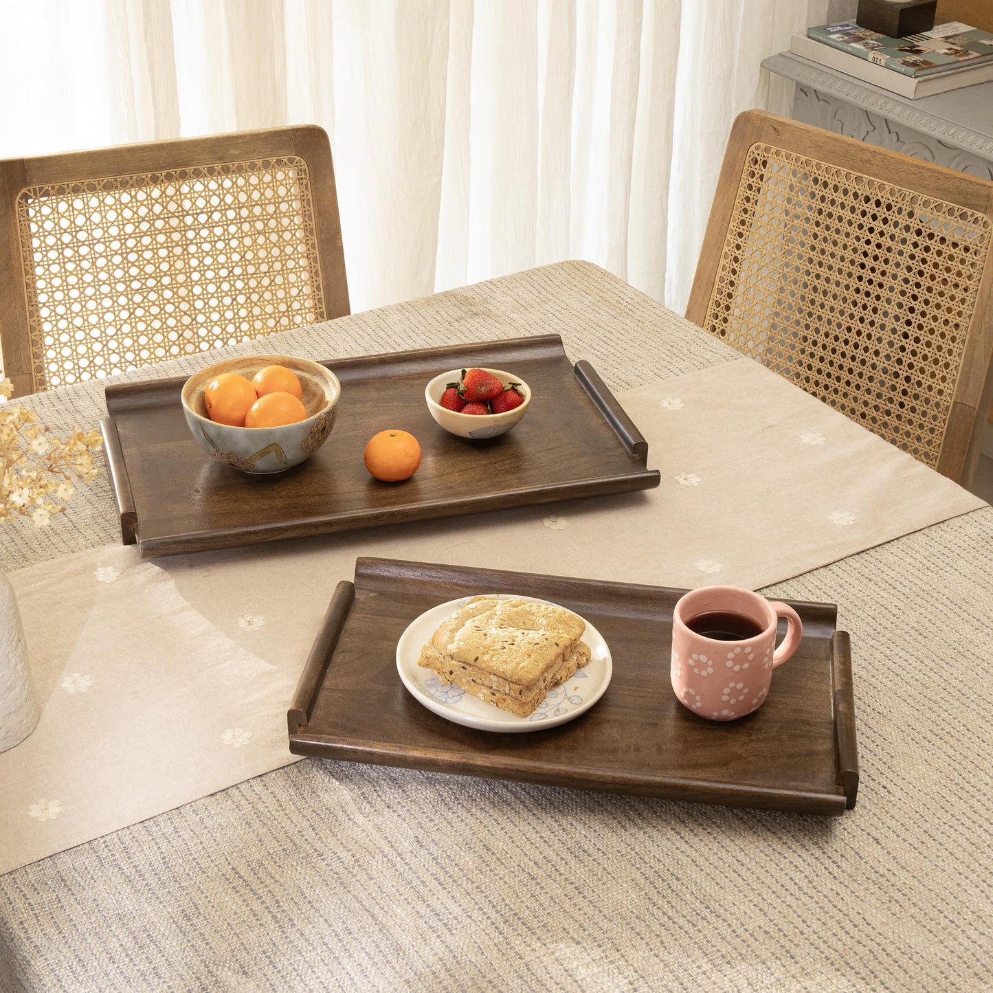 Ellementry Wooden Serving Tray Set – Decorative Tray for Coffee Table, Kitchen & Dining, Serving Platters, Breakfast & Snack Tray