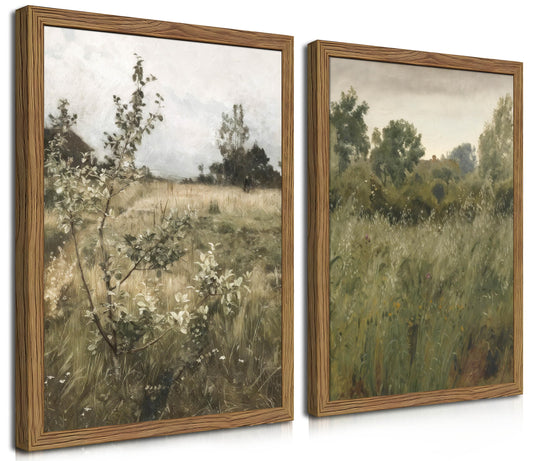 Vintage Landscape Wall Art Set of 2, Green Natural Wilderness Farmhouse Canvas Wall Decor Paintings, Retro Country Wildflower Oil Pictures Posters Prints for Living Room Bedroom 12x16 Inch Wood Framed