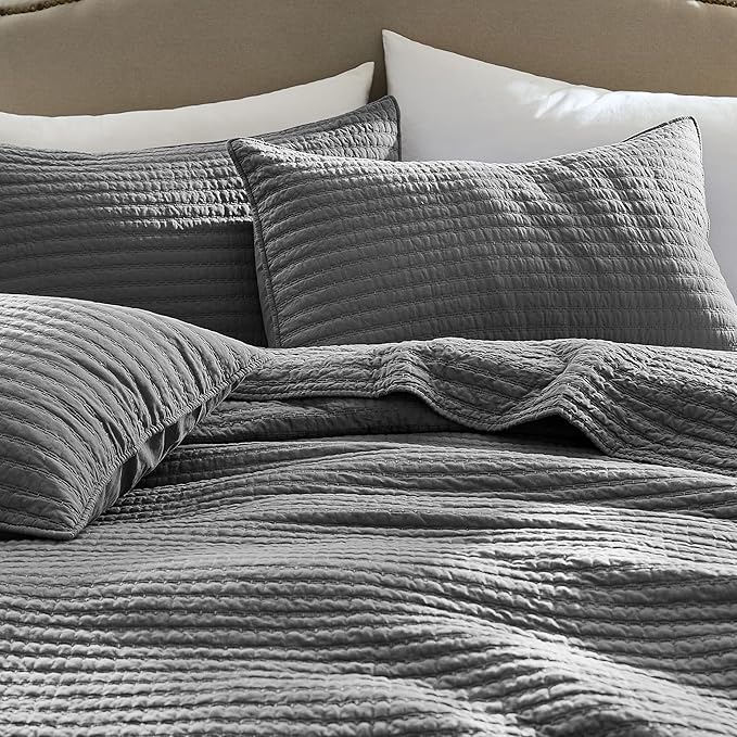 WDCOZY 100% Cotton Twin Size Quilt Set - Grey Striped Pick Stitch Soft Lightweight Bedspread, Textured Like Linen, Farmhouse Country Rustic Coverlet, Shabby Chic Gauze Bedding, 2 Pieces