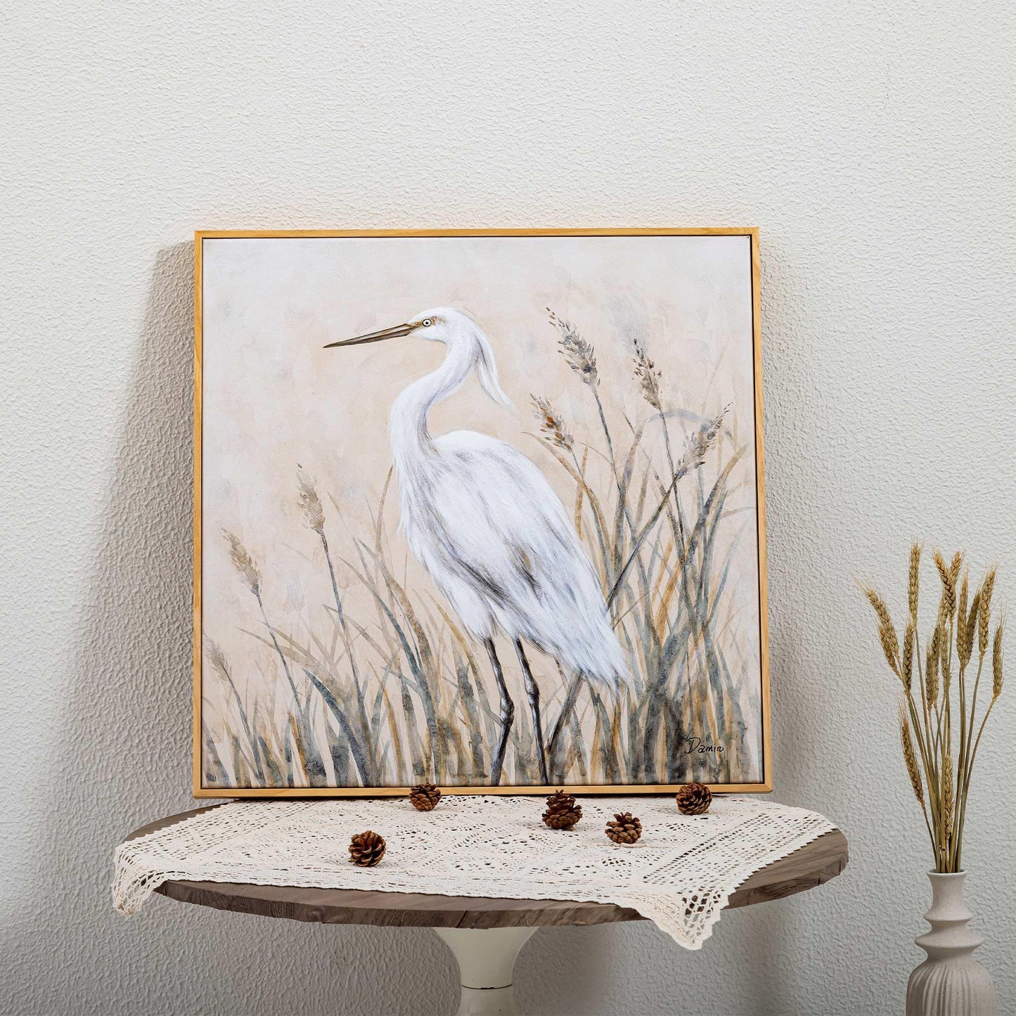 Eonzeun Framed Textured Canvas Wall Art, 24x24 Inch Coastal Wabi-Sabi Neutral Tone Egret Painting for Living Room, Dining Room, Office