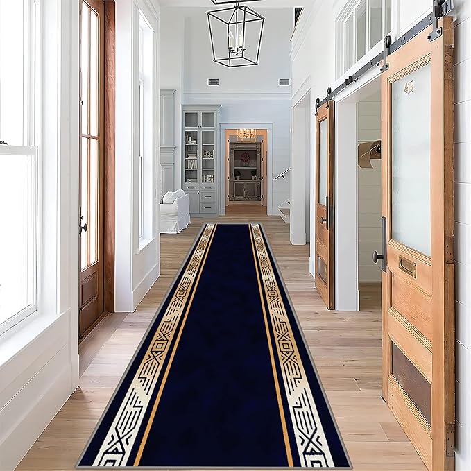 Abstract Navy Blue Runner for Entryway, 2.6x7ft, Retro Luxury Gold Geometric Border Living Room Rug, Print Fade Resistant Absorbent Dirty Resistant Long Indoor Rugs for Bedside Sofa