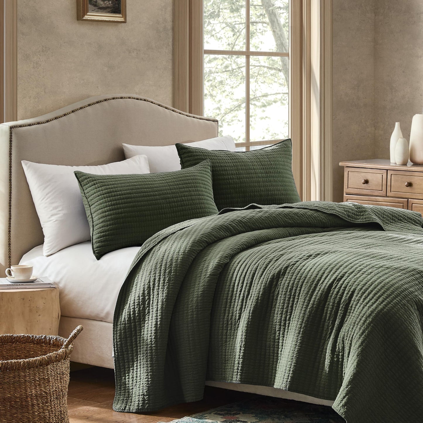 WDCOZY 100% Cotton King Size Quilt Set - Olive Green Striped Pick Stitch Soft Lightweight Bedspread, Textured Like Linen, Farmhouse Country Rustic Coverlet, Shabby Chic Gauze Bedding, 3 Pieces