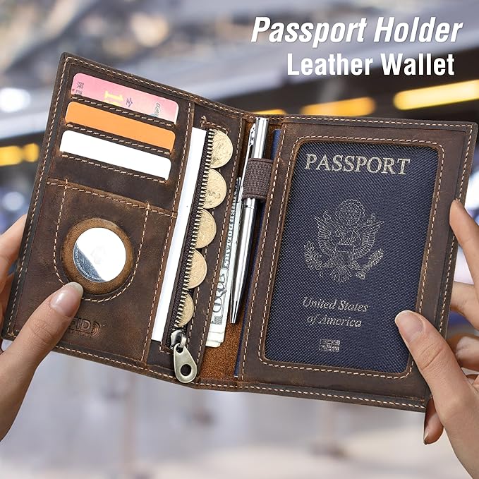 Top Grain Leather Single Travel Passport Wallet Embossing Badge for Unisex, Folio Design for Passport & Multi Cards, RFID Blocking for Passport/Cards/Checks/Bills/AirTag, Coffee Default, CN