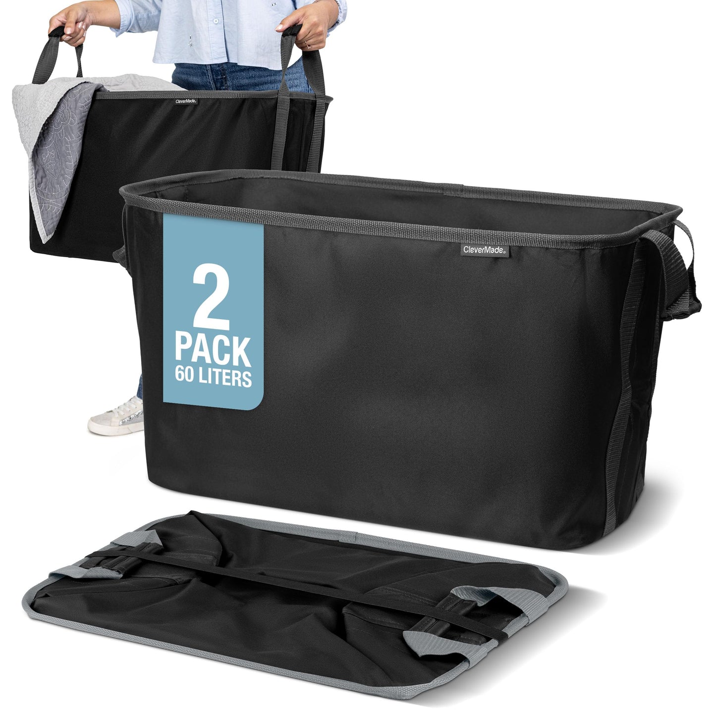 CleverMade Collapsible Laundry Basket 2 Pack – 60L (16 Gal) Foldable Clothes Hamper with Reinforced Handles, Space Saving Fabric Laundry Bin, Holds 55 lbs, Flat Folding for Home & Travel - Black