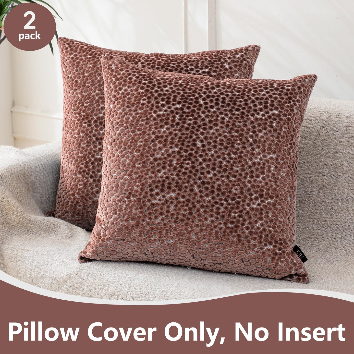 FIFU 18x18 Inch Throw Pillow Cover Set of 2 - Jacquard Velvet Cut-Pile with Linen-Look Back, Invisible Zipper, Soft Decorative Cushion Case for Couch Sofa Bedroom Living Room, Machine Washable, Pink