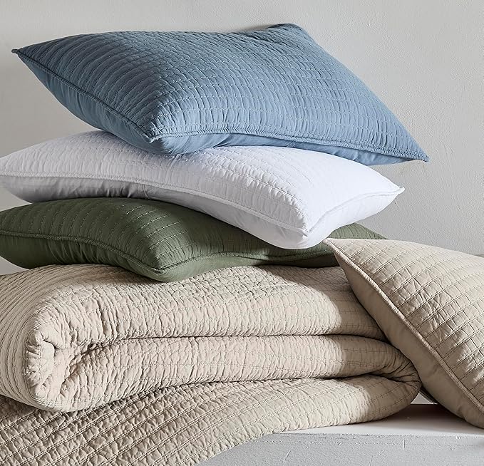 WDCOZY 100% Cotton King Size Quilt Set - Grey Striped Pick Stitch Soft Lightweight Bedspread, Textured Like Linen, Farmhouse Country Rustic Coverlet, Shabby Chic Gauze Bedding, 3 Pieces