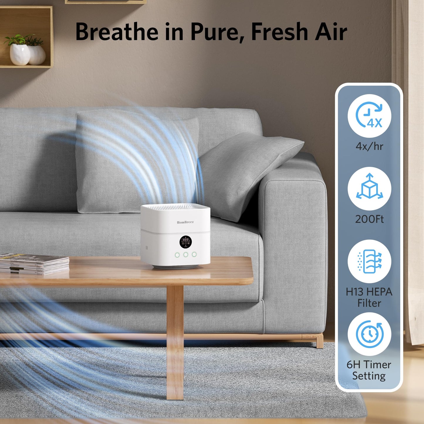 HomBreez Air Purifier and Humidifier Combo for Bedroom, Covers Up to 200ft², H13 True HEPA Filter, 400ML Water Tank, Quiet Cool Mist Top Fill Essential Oil Diffuser for Baby, Pet Room, APP Control