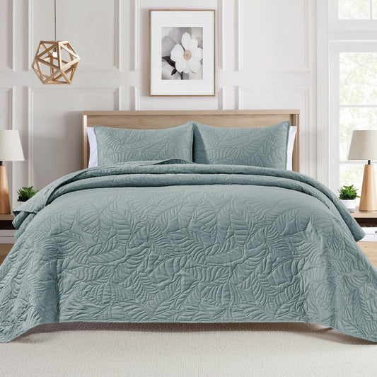 BOURINA Ultrasonic Quilt Set 3-Piece Bedding Set Pre-Washed Microfiber Ultra Soft Lightweight Leaf Bedspread Coverlet Set for All Season, Queen Aqua