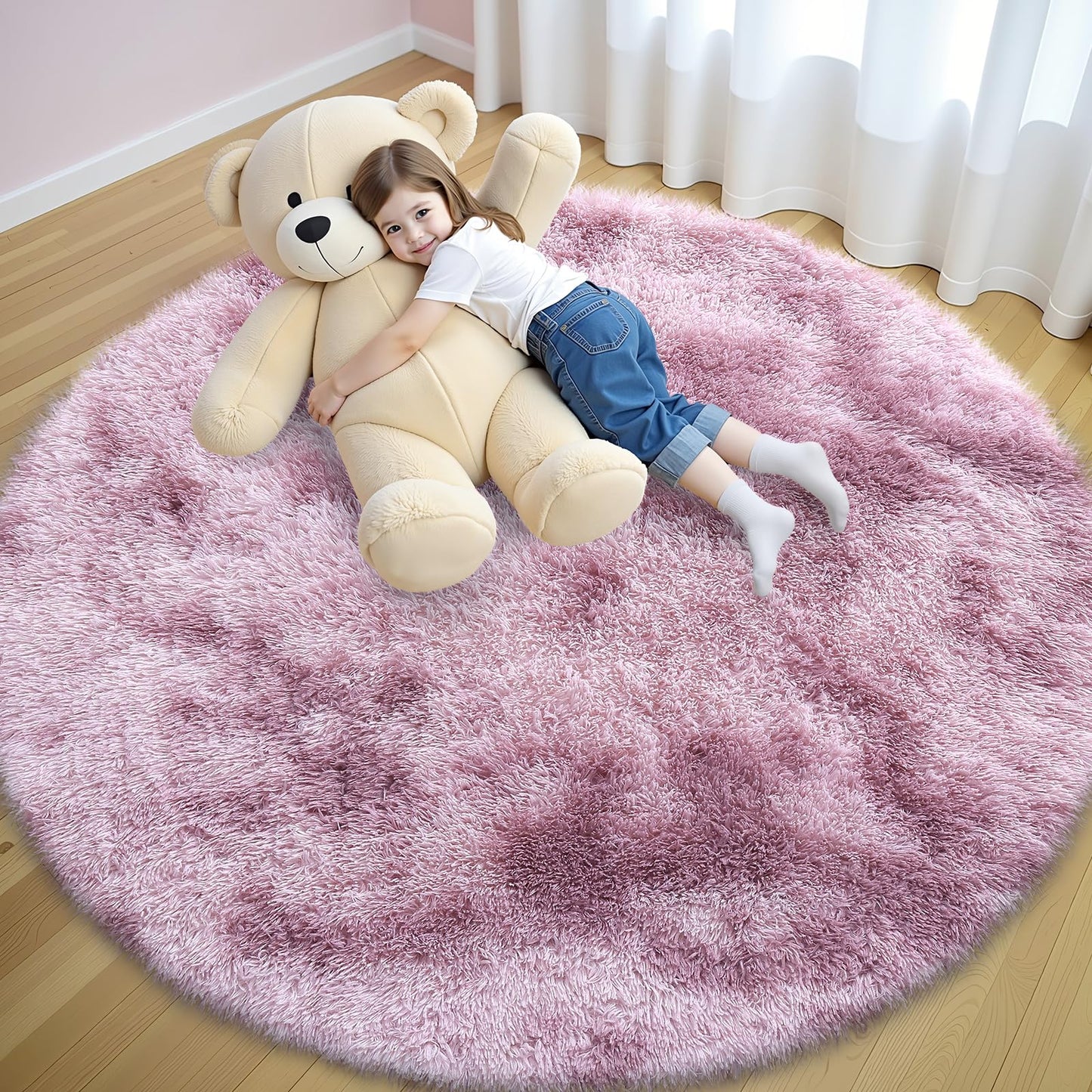 OLANLY Dusty Pink Tie-dye Round Rugs for Bedroom - Machine Washable, 5x5 Feet Circle Area Rugs for Living Room, Soft and Fluffy Shaggy Carpet for Teen Girls and Boys, Dorms, Home Decor Aesthetic