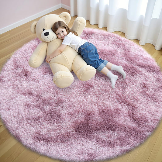 OLANLY Dusty Pink Tie-dye Round Rugs for Bedroom - Machine Washable, 5x5 Feet Circle Area Rugs for Living Room, Soft and Fluffy Shaggy Carpet for Teen Girls and Boys, Dorms, Home Decor Aesthetic