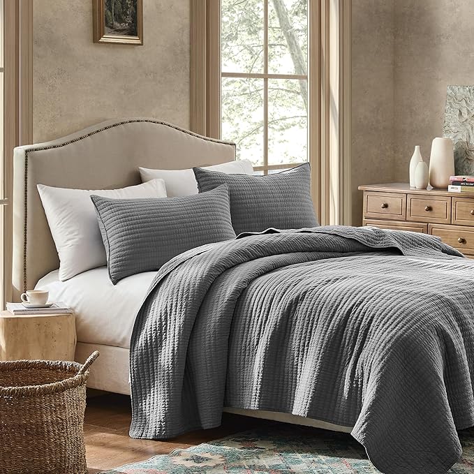 WDCOZY 100% Cotton King Size Quilt Set - Grey Striped Pick Stitch Soft Lightweight Bedspread, Textured Like Linen, Farmhouse Country Rustic Coverlet, Shabby Chic Gauze Bedding, 3 Pieces