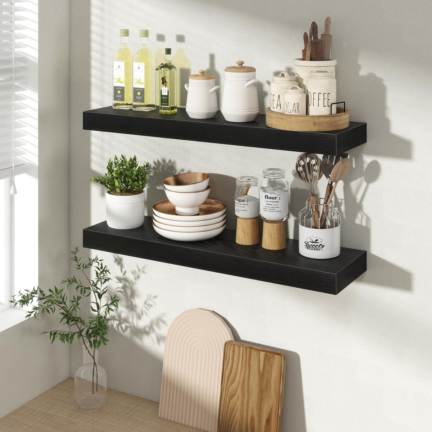 Acovy 24 Inch Floating Shelves for Wall 2 Pack, 24" Wall Shelves for Books, Storage, Decor, Wall Mounted Floating Shelf with Invisible Brackets for Kitchen, Living Room, Black