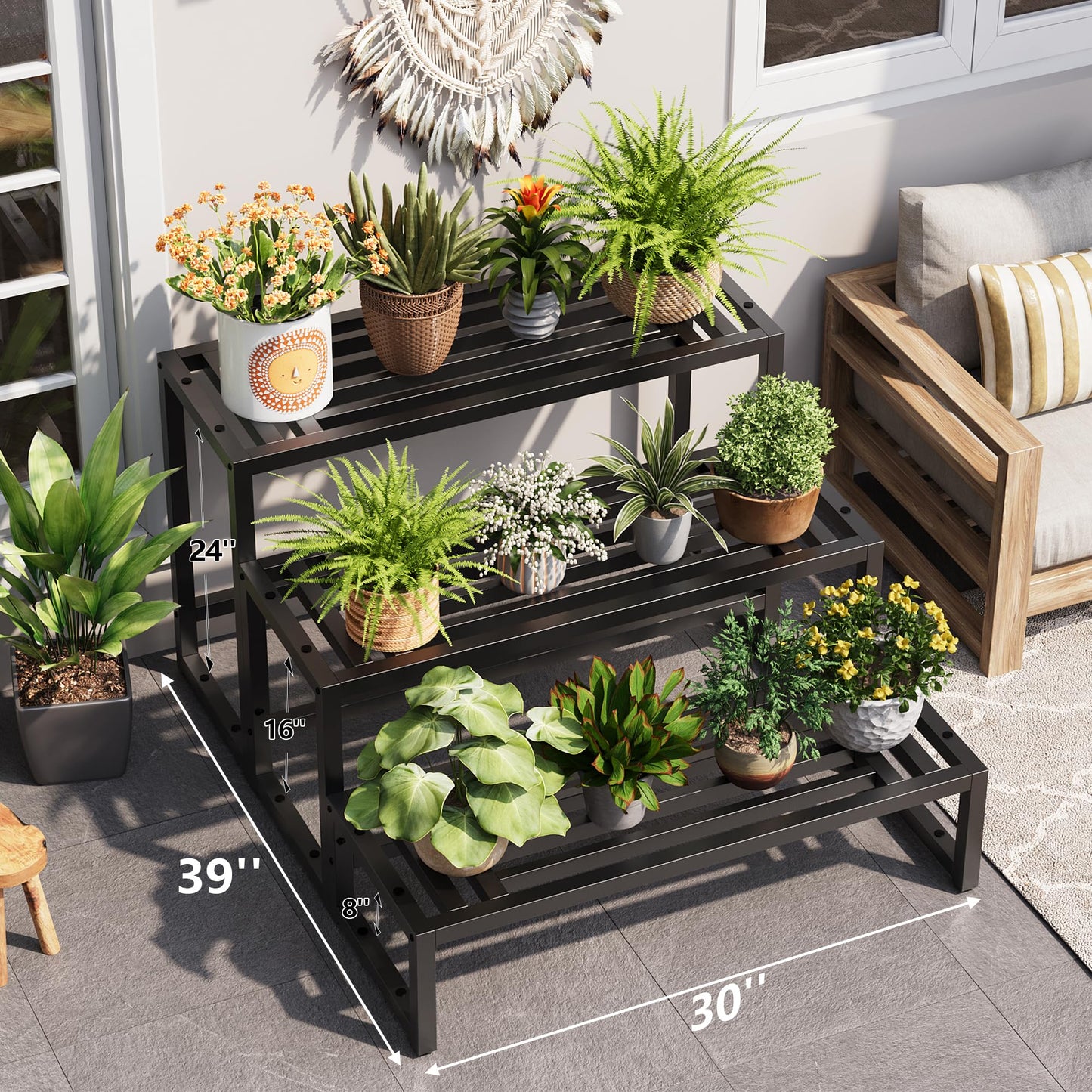 Hongsane Plant Stand Indoor Outdoor,3 Tier Ladder Metal Plant Stands Riser,Heavy Duty Wrought Iron Plant Shelves for Multi Large Pots,Black Tiered Flower Display Holder for Living Room,Patio,1-Pack