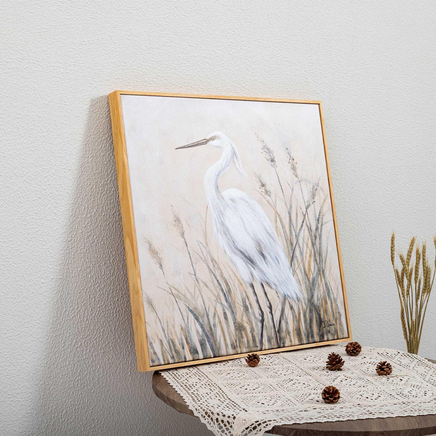 Eonzeun Framed Textured Canvas Wall Art, 24x24 Inch Coastal Wabi-Sabi Neutral Tone Egret Painting for Living Room, Dining Room, Office