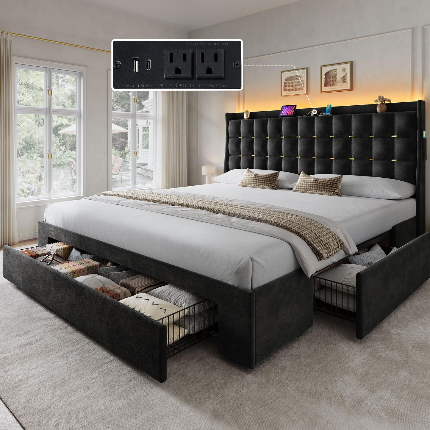 YITAHOME King Size Bed Frame with 3 Storage Drawers and RGB LED Lights, Velvet Upholstered Bed with Charging Station and Storage Headboard, No Box Spring Needed, Easy Assembly, Noise-Free, Black
