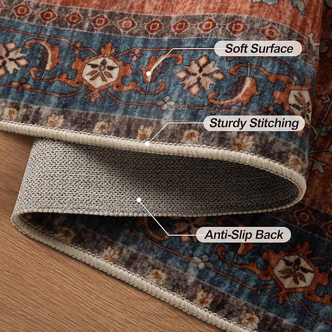 Tangsoo 2x5 Washable Runner Rug for Hallways, Non Slip Vintage Runner Rug, Soft Low Pile Long Rug Runner, Print Distressed Carpet Runners for Kitchen Bedroom Entryway Bathroom Living Room Terracotta
