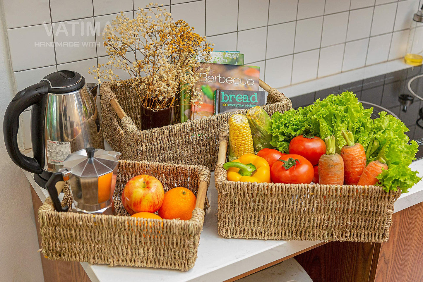 VATIMA Seagrass Baskets with Wooden Handles, Set of 3 Decorative Natural Wicker Baskets for Kitchen