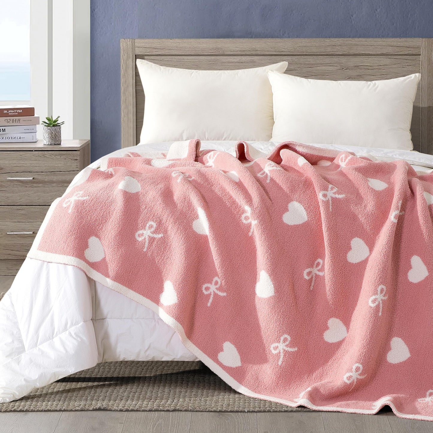 Elegant Comfort Valentine's Day Knit Throw Blanket, Hearts and Bows Super Soft Cozy Fluffy Warm Throw Blankets for Couch, Sofa, Chair, Bed, Camping, Picnic, Travel Lightweight Bed Blanket (50" x 70")