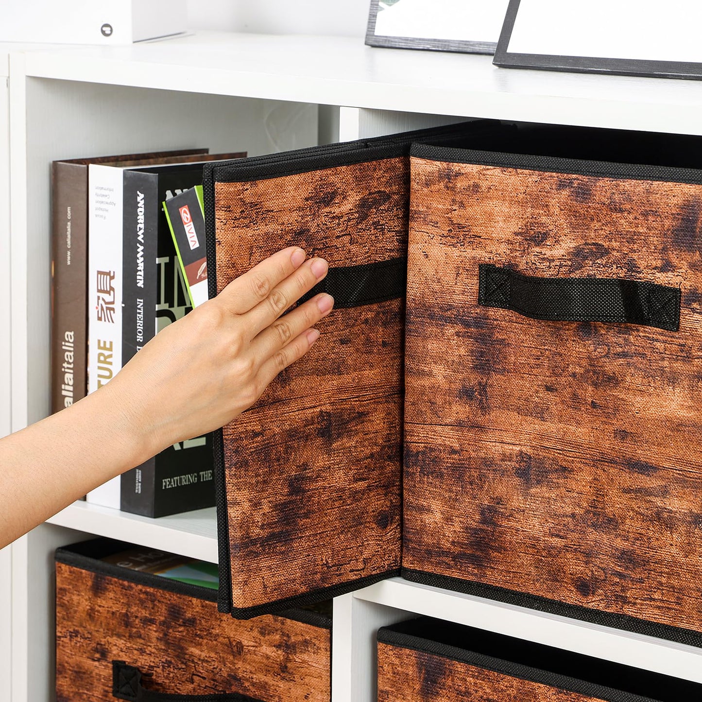 Stero Fabric Storage Cubes, 6 Pack Foldable Storage Bins with Handle, 11 Inch Box for Shelves, Closet, Organizer, Rustic Brown and Black